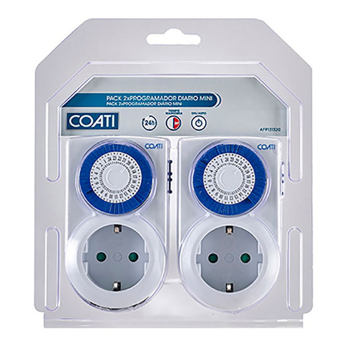 Coati Programador Analógico Diario 16A Blanco IP20 3680W 2uds Temporizador Mecánico Coati Programador Analógico Diario 16A Blanco IP20 3680W 2uds Temporizador Mecánico