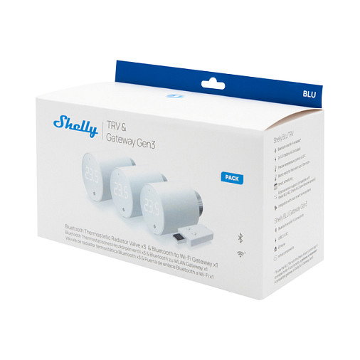 Shelly Plug & Play 3x Blu TRV & Blu Gateway Gen3, Termostato Inteligente para Radiador, Blanco, Wifi, Programable, Incluye 4 Piezas