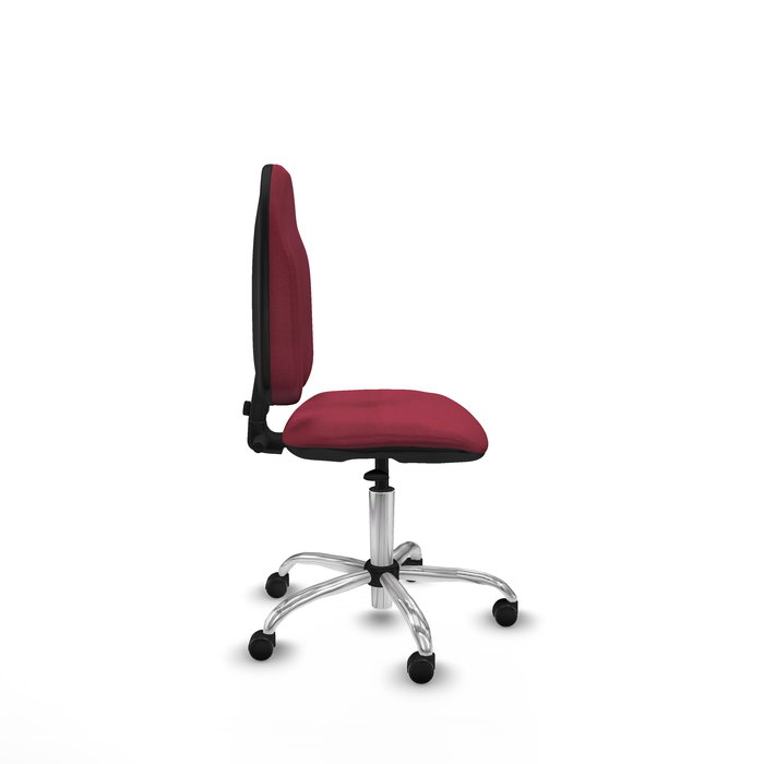 Silla de oficina Algarra con mecanismo Contacto permanente básico tapizada con Tela color Granate. Equipada con Base cromada, Sin brazos y Ruedas autofrenantes