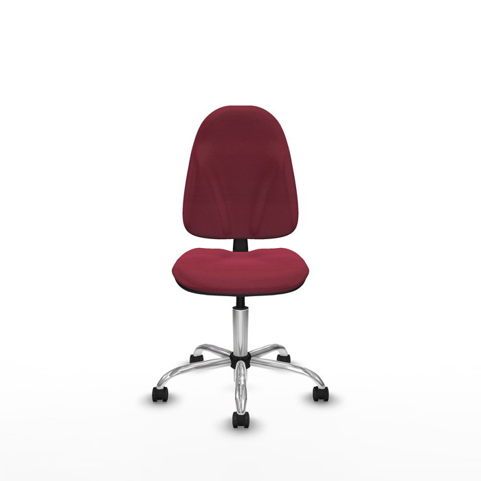 Silla de oficina Algarra con mecanismo Contacto permanente básico tapizada con Tela color Granate. Equipada con Base cromada, Sin brazos y Ruedas autofrenantes