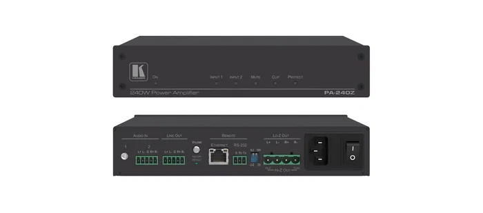 Kramer Electronics PA-240Z Amplificador de Potencia 2x120W/240W con DSP, Hi-Z/Lo-Z, Control RS-232/IP, Salida Línea para Instalaciones AV Profesionales
