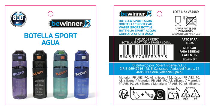 Bewinner Botella Sport Agua Transparente 800ml (12 Unidades)