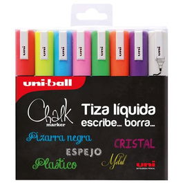Uni-Ball Marcador de Tiza Líquida Chalk Pwe-5 M-8P Basic, 8 Unidades Colores Surtidos - Borrable en Húmedo para Pizarras, Vidrio y Exteriores