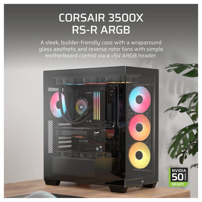 Corsair 3500X RS-R ARGB Midi Tower Caja PC Negro con Cristal Templado, ATX/EATX/microATX/Mini-ITX, 7 Ranuras, 3 Ventiladores 120mm, USB-C, Para Gaming