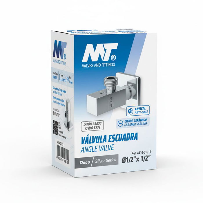 MT Válvula Escuadra Modelo Deco con Mando Cuadrado, Acabado Cromado Silver, 1/4 Vuelta, Cierre Cerámico, Latón, Roscas 1/2" x 1/2" MT Válvula Escuadra Modelo Deco con Mando Cuadrado, Acabado Cromado Silver, 1/4 Vuelta, Cierre Cerámico, Latón, Roscas 1/2" x 1/2"
