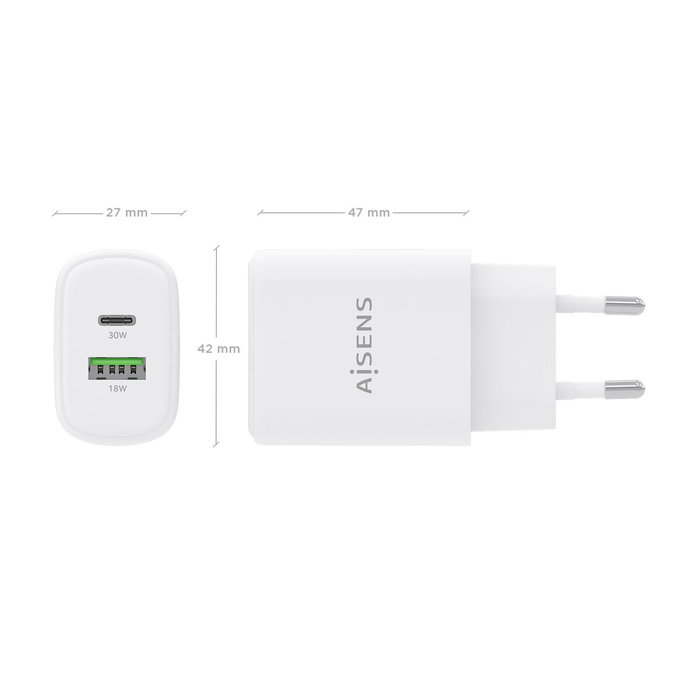 Aisens Cargador GaN 30W con USB-C PD3.0/QC4.0 y USB-A QC3.0 Blanco Aisens Cargador GaN 30W con USB-C PD3.0/QC4.0 y USB-A QC3.0 Blanco