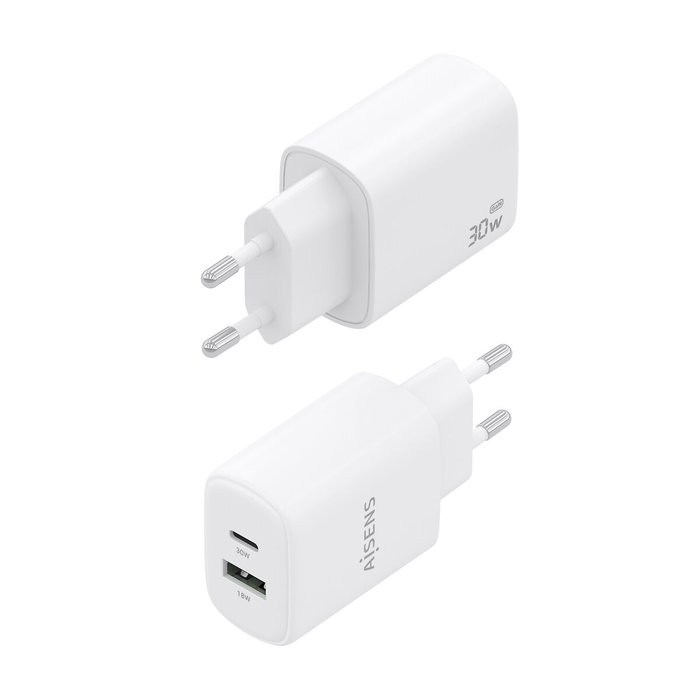 Aisens Cargador GaN 30W con USB-C PD3.0/QC4.0 y USB-A QC3.0 Blanco Aisens Cargador GaN 30W con USB-C PD3.0/QC4.0 y USB-A QC3.0 Blanco