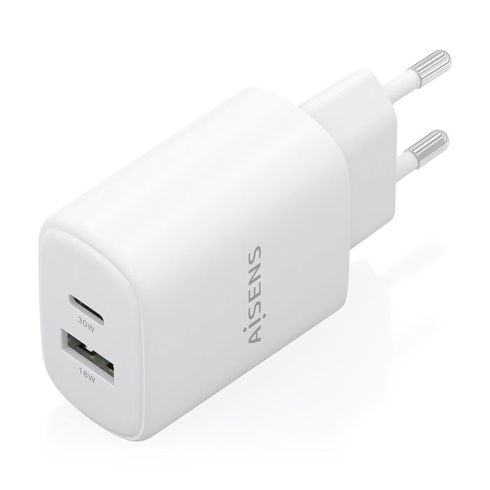 Aisens Cargador GaN 30W con USB-C PD3.0/QC4.0 y USB-A QC3.0 Blanco Aisens Cargador GaN 30W con USB-C PD3.0/QC4.0 y USB-A QC3.0 Blanco