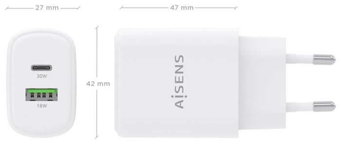 Aisens Cargador GaN 30W con USB-C PD3.0/QC4.0 y USB-A QC3.0 Blanco Aisens Cargador GaN 30W con USB-C PD3.0/QC4.0 y USB-A QC3.0 Blanco