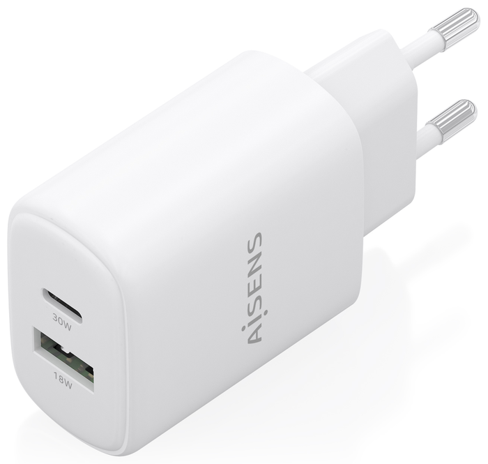 Aisens Cargador GaN 30W con USB-C PD3.0/QC4.0 y USB-A QC3.0 Blanco Aisens Cargador GaN 30W con USB-C PD3.0/QC4.0 y USB-A QC3.0 Blanco
