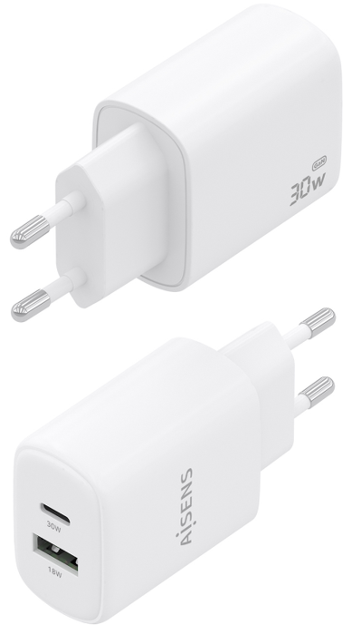 Aisens Cargador GaN 30W con USB-C PD3.0/QC4.0 y USB-A QC3.0 Blanco Aisens Cargador GaN 30W con USB-C PD3.0/QC4.0 y USB-A QC3.0 Blanco