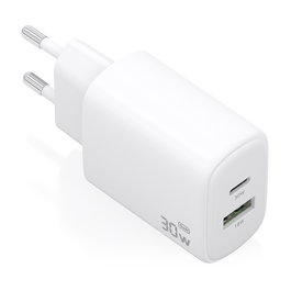 AISENS - CARGADOR GaN 30W, 1xUSB-C PD3.0 QC4.0, 1xUSB-A QC3.0, BLANCO