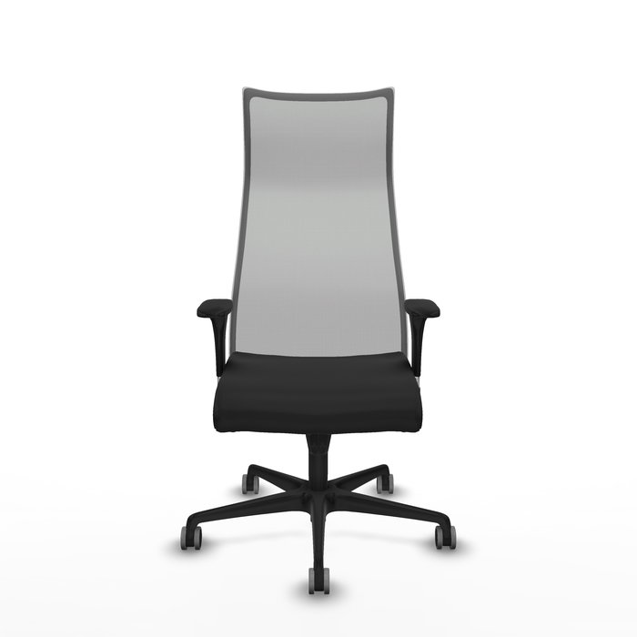 Sillón Albacete con mecanismo Sincro tapizada con Similpiel color Negro y malla color Gris. Equipado con Base nailon negra, Brazos 1D y Ruedas 65 mm parqué