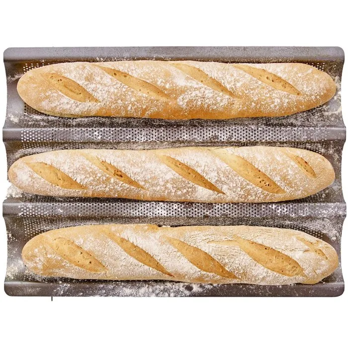 Birkmann EASY BAKING Bandeja Perforada para Hornear, Acero al Carbono Antiadherente, para 3 Baguettes, 39,5 x 29,5 x 4,5 cm
