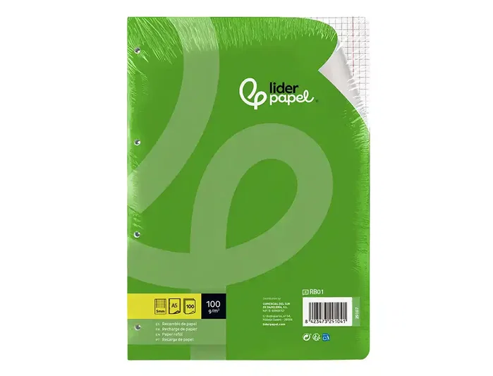 Liderpapel Recambio A5 Cuadro 5mm con Margen y 6 Taladros, 100 Hojas, 100g Liderpapel Recambio A5 Cuadro 5mm con Margen y 6 Taladros, 100 Hojas, 100g