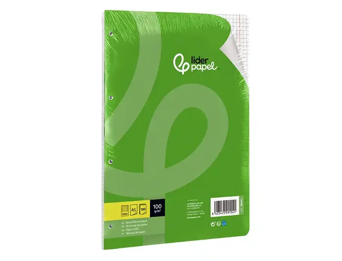Liderpapel Recambio A5 Cuadro 5mm con Margen y 6 Taladros, 100 Hojas, 100g Liderpapel Recambio A5 Cuadro 5mm con Margen y 6 Taladros, 100 Hojas, 100g