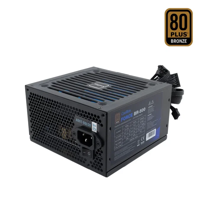CoolBox Force BR-500 Fuente de Alimentación ATX 500W 80 Plus Bronze, Certificación 85%, PFC Activo, Ventilador 120mm, Cables Mallados, Modelo COO-PWEP500-85S