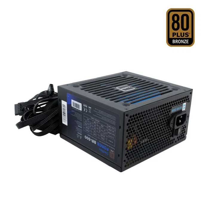 CoolBox Force BR-500 Fuente de Alimentación ATX 500W 80 Plus Bronze, Certificación 85%, PFC Activo, Ventilador 120mm, Cables Mallados, Modelo COO-PWEP500-85S