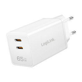 LogiLink PA0367 Cargador USB-C de 65 W con tecnología GaN, 2 puertos, Blanco