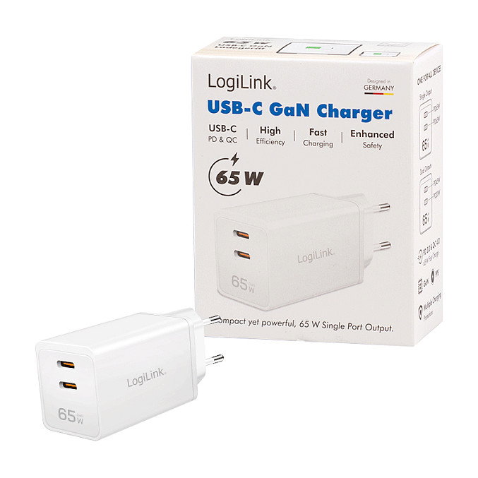 LogiLink PA0367 Cargador USB-C de 65 W con tecnología GaN, 2 puertos, Blanco