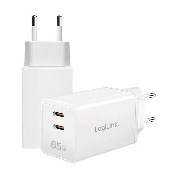 LogiLink Cargador USB-C 65 W GaN con 2 puertos USB-C, Blanco