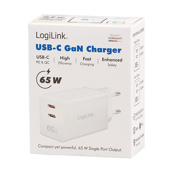 LogiLink Cargador USB-C 65 W GaN con 2 puertos USB-C, Blanco