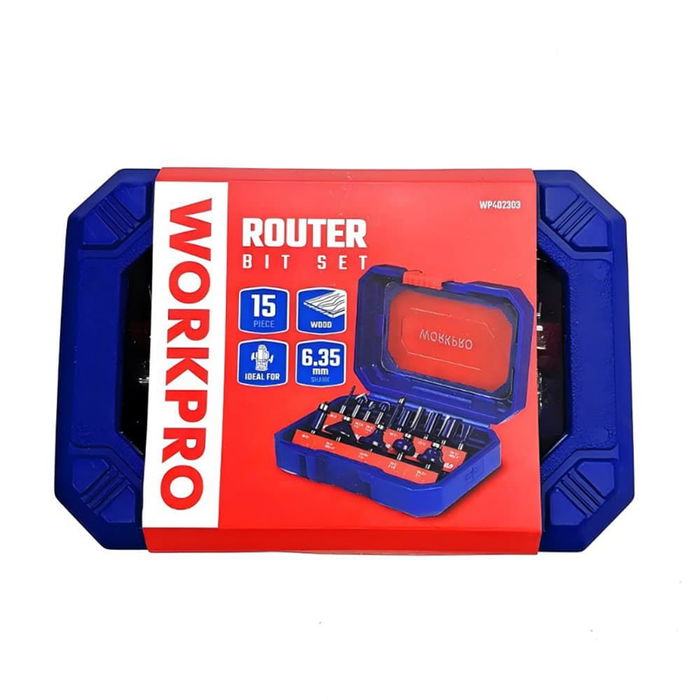 Workpro Juego de 15 Fresas para Madera Vástago 6,35 mm - Incluye Fresas de Ranurar Recta, en V, Redonda, Perfilado, Canteado y Achaflanar