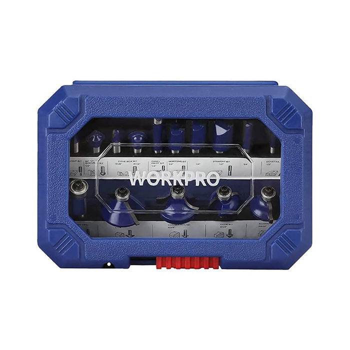 Workpro Juego de 15 Fresas para Madera Vástago 6,35 mm - Incluye Fresas de Ranurar Recta, en V, Redonda, Perfilado, Canteado y Achaflanar