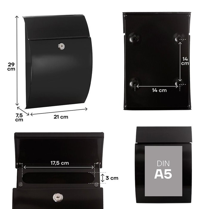 Arregui Buzón Exterior Individual Galán - Acero Galvanizado Lacado Negro, Tamaño S (A5) con Puerta Vertical, 21 x 7,5 x 29 cm, Incluye Tarjetero y Llaves