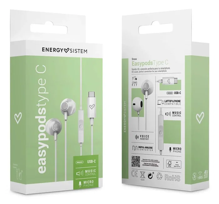 Energy Sistem Auriculares EasyPods USB-C tipo botón con micrófono intraurales, cable, Sonido HD, Color Blanco