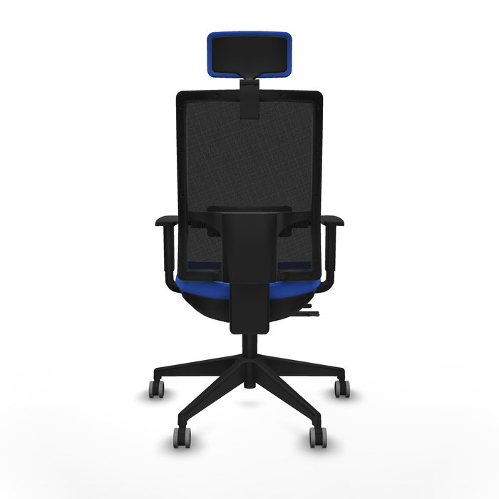 Silla de oficina Horna con mecanismo Sincro/Traslack tapizada con Tela color Azul y malla color Negro. Equipada con lumbar 1D, Brazos 1D, Cabecero 2D y Ruedas 65 mm parqué Silla de oficina Horna con mecanismo Sincro/Traslack tapizada con Tela color Azul y malla color Negro. Equipada con lumbar 1D, Brazos 1D, Cabecero 2D y Ruedas 65 mm parqué