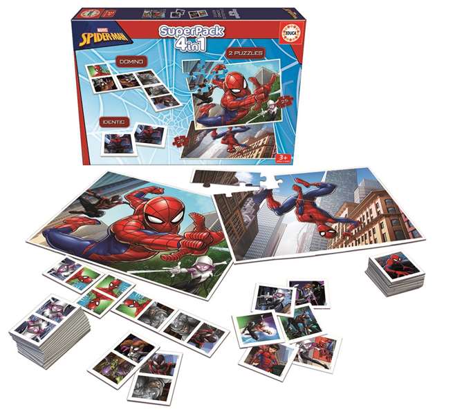 Educa Superpack 4 en 1 Spiderman - Juego Educativo con Domino, Identic y 2 Puzzles para Niños de 3 a 7 Años