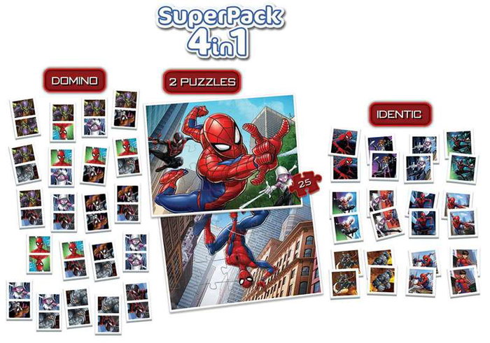 Educa Superpack 4 en 1 Spiderman - Juego Educativo con Domino, Identic y 2 Puzzles para Niños de 3 a 7 Años