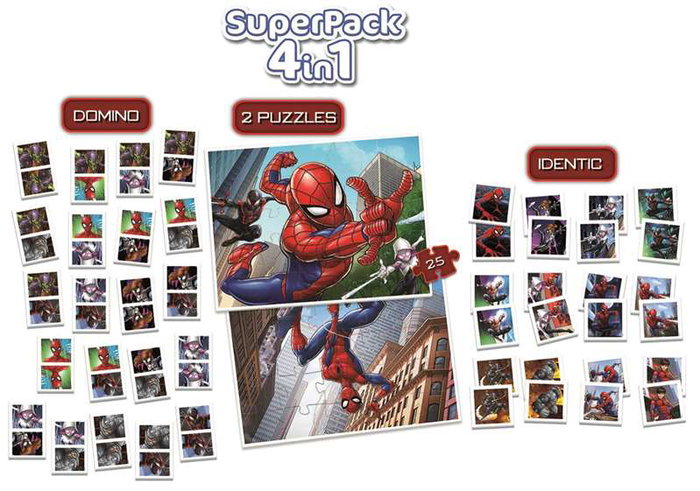 Educa Superpack 4 en 1 Spiderman - Juego Educativo con Domino, Identic y 2 Puzzles para Niños de 3 a 7 Años