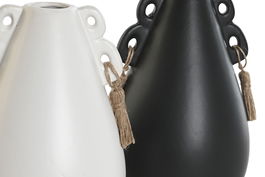 DKD Home Decor Jarron Colonial Blanco Negro Gres Cuerda 16 x 24 x 16 cm (2 Unidades)
