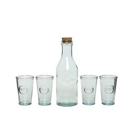 Kit de Botella de Cristal 100% Reciclado y 4 Vasos - Ø9.5x30 cm y Ø8x12.5 cm - Cristal Transparente