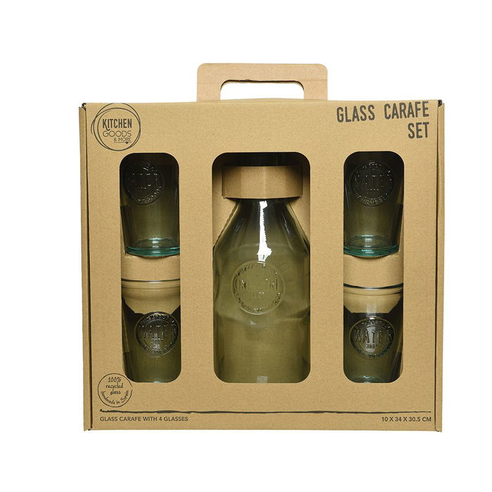 Kit de Botella de Cristal 100% Reciclado y 4 Vasos - Ø9.5x30 cm y Ø8x12.5 cm - Cristal Transparente