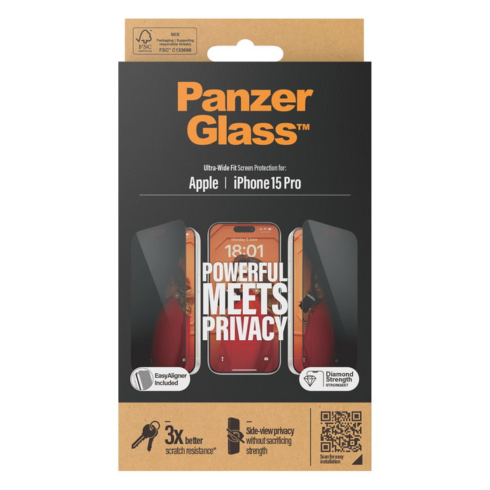PanzerGlass Protector de Pantalla Privacidad Ultra-Wide Fit para iPhone 15 Pro, Resistente a Golpes, Incluye EasyAligner y Kit de Limpieza, Aplicación en Seco