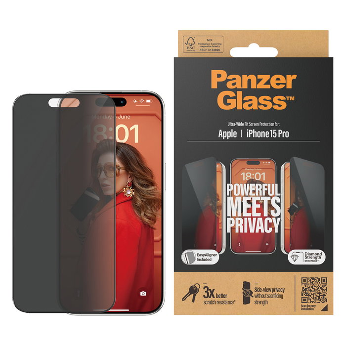 PanzerGlass Protector de Pantalla Privacidad Ultra-Wide Fit para iPhone 15 Pro, Resistente a Golpes, Incluye EasyAligner y Kit de Limpieza, Aplicación en Seco
