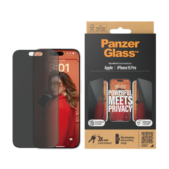 PanzerGlass Privacy Screen Protector iPhone 15 Pro Ultra-Wide Fit con EasyAligner