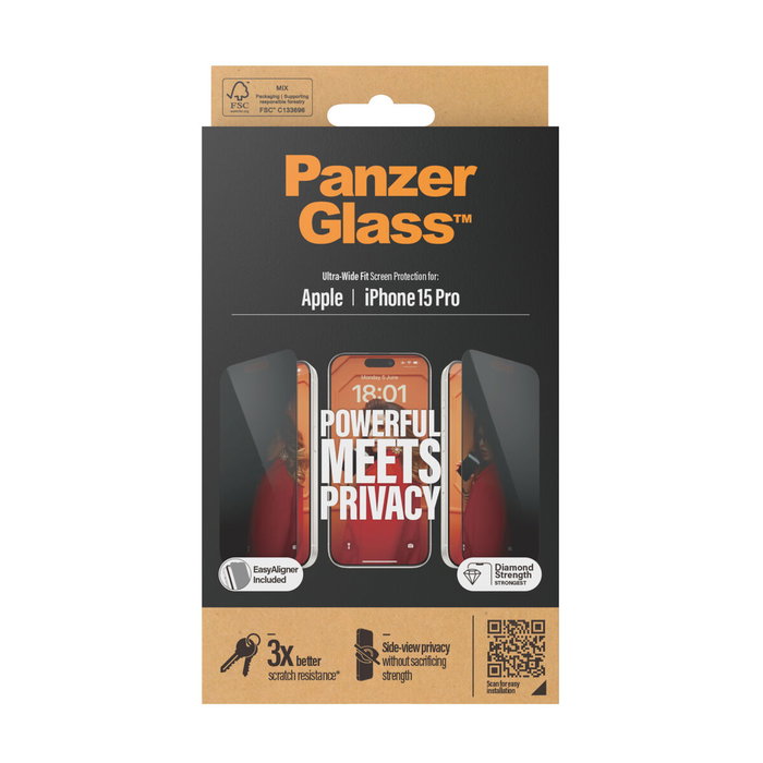PanzerGlass Privacy Screen Protector iPhone 15 Pro Ultra-Wide Fit con EasyAligner