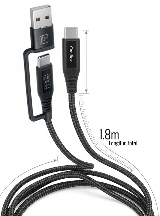 COOLBOX Cable USB-C 3.2 Gen2 con Adaptador USB-A, 60W, 1.8m, Negro