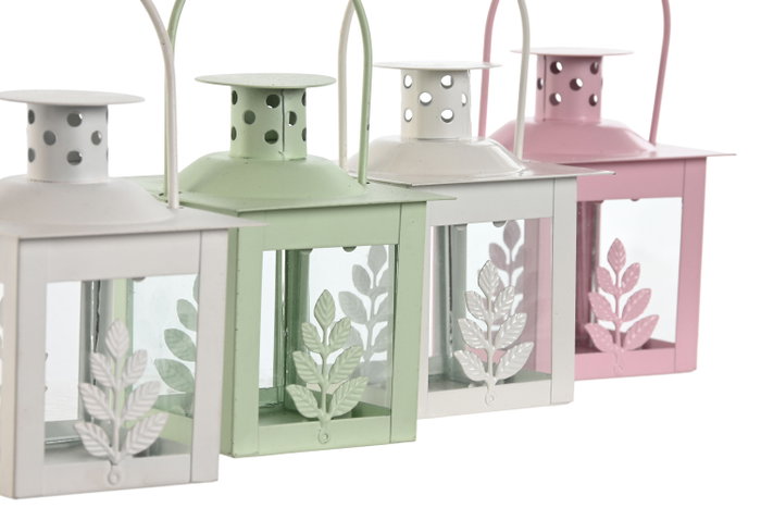 DKD Home Decor Farola Shabby Verde Blanco Hierro Cristal Set de 3 (4 Unidades) 7 x 10 x 7 cm