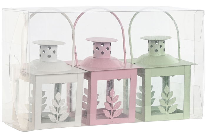 DKD Home Decor Farola Shabby Verde Blanco Hierro Cristal Set de 3 (4 Unidades) 7 x 10 x 7 cm