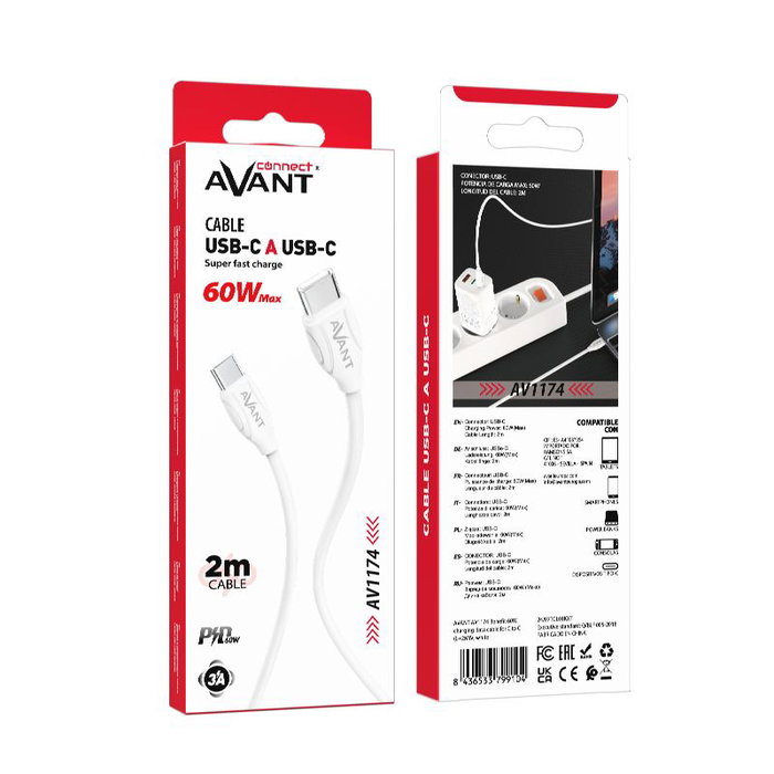 AVANT CONNECT Cable USB-C a USB-C 2m PD 60W Carga Rápida 3A
