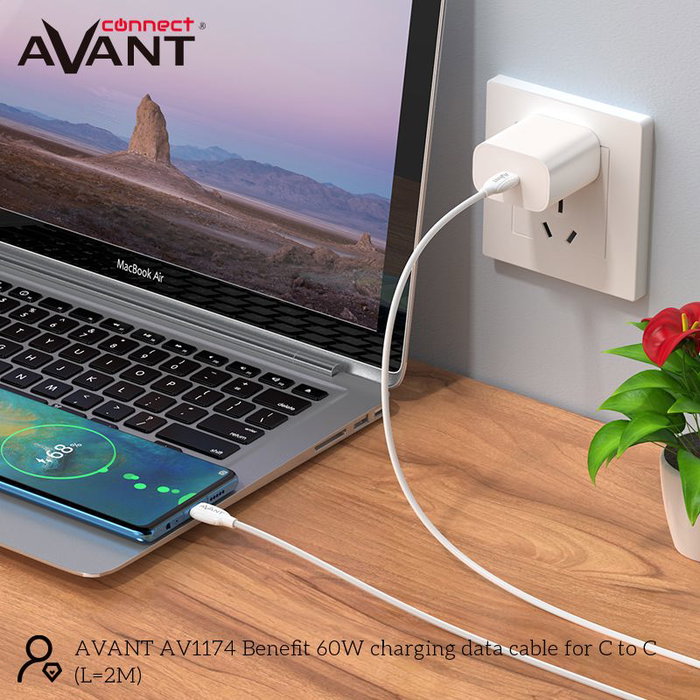 AVANT CONNECT Cable USB-C a USB-C 2m PD 60W Carga Rápida 3A