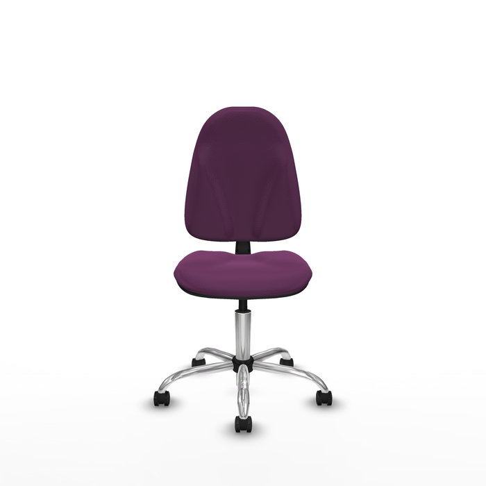 Silla de oficina Algarra con mecanismo Contacto permanente básico tapizada con Similpiel color Morado. Equipada con Base cromada, Sin brazos y Ruedas autofrenantes