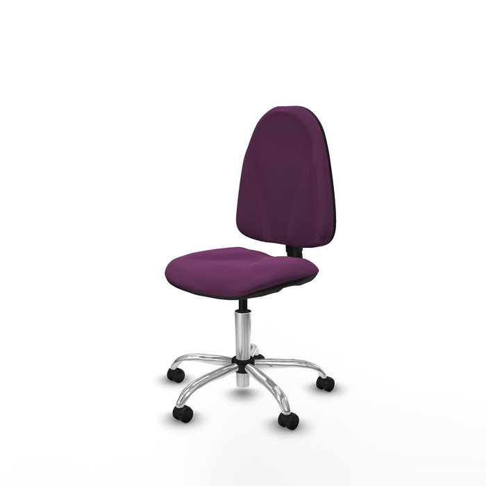 Silla de oficina Algarra con mecanismo Contacto permanente básico tapizada con Similpiel color Morado. Equipada con Base cromada, Sin brazos y Ruedas autofrenantes