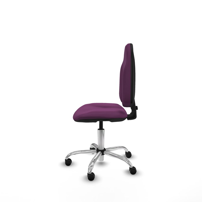 Silla de oficina Algarra con mecanismo Contacto permanente básico tapizada con Similpiel color Morado. Equipada con Base cromada, Sin brazos y Ruedas autofrenantes
