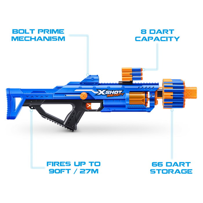 ZURU XSHOT Insanity Berzerko Pistola de juguete con 48 dardos, alcance 27 m, para niños 8+ años, manual en francés